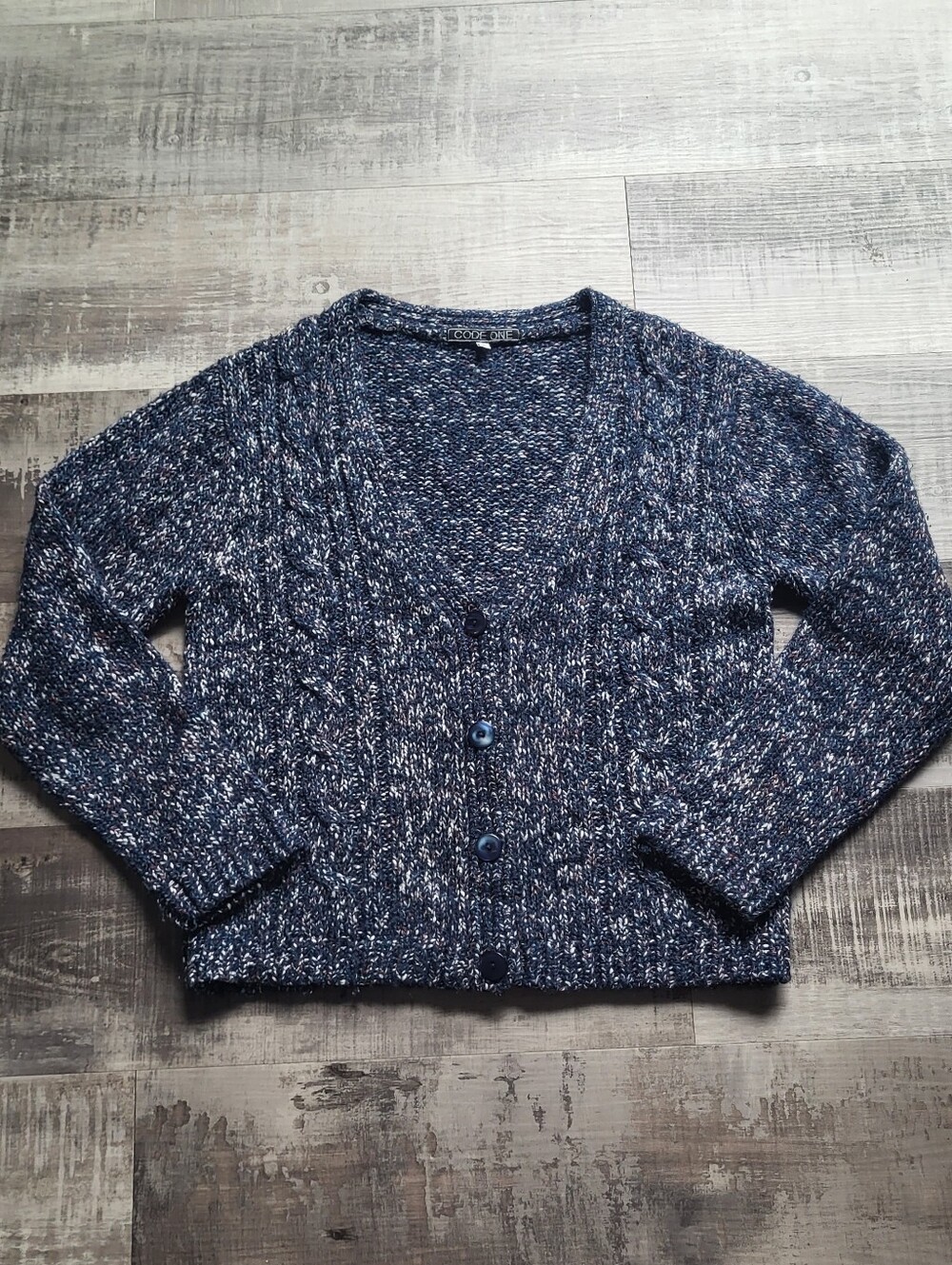 Code One Womens Wool Blend Button Cardigan Sweater Cable Knit V-neck Medium Blue